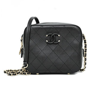 Chanel Matelasse Leather Small Chain Camera Shoulder Bag Black Gold